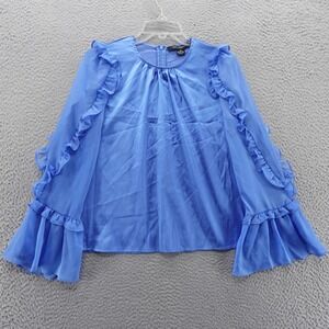 French Connection Womens Blue Ruffle Bell Sleeve‎ Blouse Top XS NEW